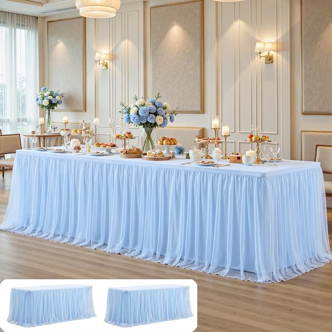 2 Pack Baby Blue Tulle Tablecloth Skirt for 8 Foot Rectangle Tables Baby Shower Tablecloths Blue Ruffle Tutu Table Skirt Stretch Fitted Table Covers for Wedding Birthday Party Banquet Reception