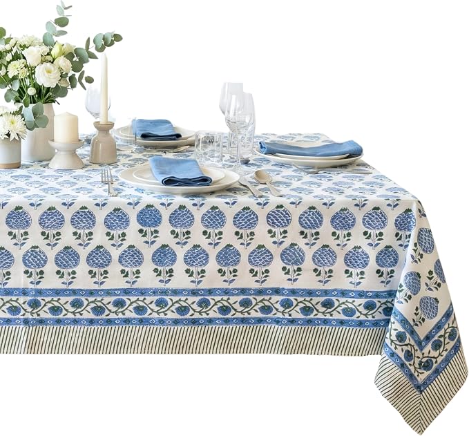 ATOSII Roma Blue 100% Cotton Boho Rectangle Fall Tablecloth, Handblock Floral Print Table Cloth Linen for Kitchen Dining I Parties, Outdoors, Weddings, Christmas, Thanksgiving Decor 60 X 108 Inches