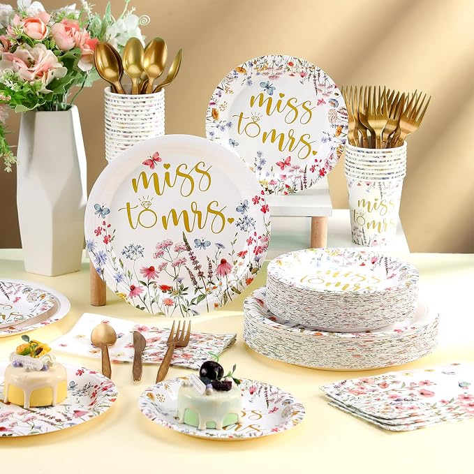 400 Pcs Miss to Mrs Plates and Napkins Sets Bridal Shower Disposable Dinnerware Wedding Party Supplies Spring Plates Baby Shower Party Decorations