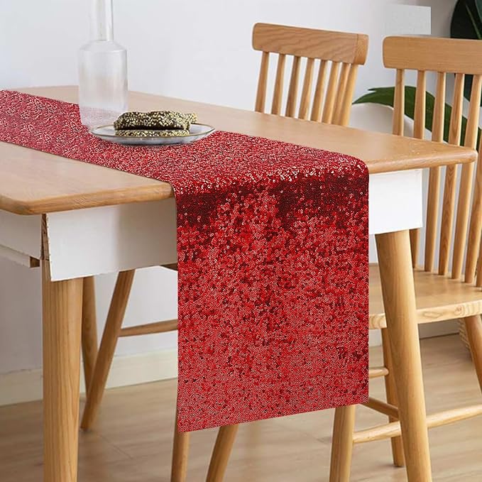 10 Packs 12 x 72 inches Red Sequin Table Runner, Glitter Runner for Birthday Party Supplies Wedding Holiday Celebration Baby Shower Engagement Anniversary Decor