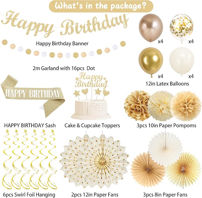 Vlipoeasn Champagne Gold Birthday Party Decorations Set, Happy Birthday Banner Cake Topper Paper Fans Pompoms Latex Balloons Kit, Party Supplies for Women Men Adults Kids Indoor Backdrop Decor