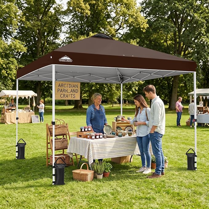 EAGLE PEAK Pop Up Canopy Tent with Wheeled Carry Bag, 8 Stakes, 4 Ropes, 4 Weight Bags, Easy Set Up Tent Canopy, 10x10 ft, 100sqft of Shade, Brown