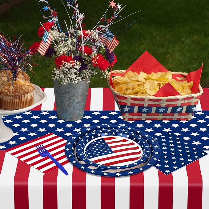 QZYL 122 PCS 4th of July Decorations, 30 Sets 250th Anniversary Patriotic Plates and Napkins, Disposable Fourth of July Paper Plate and Napkin Tablecloth Forks, USA Flags Memorial Day Party Supplies