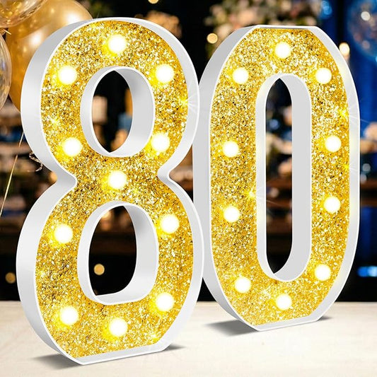 12.6 Inch LED Gold Marquee Light Up Numbers, 80th Birthday Decorations Number Lights as Gifts for Women Men, Glitter Lighted Marquee Numbers for Golden Anniversary Party Table Decor, 80