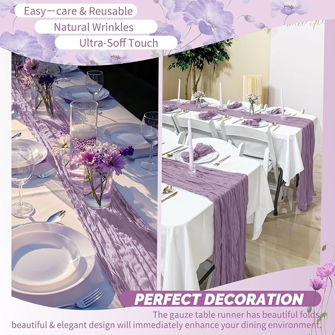 4 Pack Purple Cheesecloth Table Runner 17 x 108 inch Boho Gauze Table Runner Rustic Sheer Cheese Cloth Table Decorations for Wedding Party Baby Bridal Shower Birthday Holiday Home