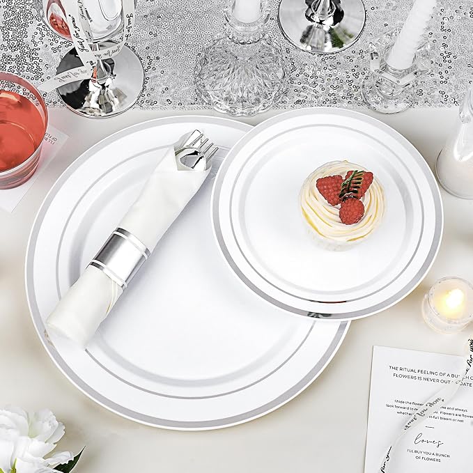 700 PCS White and Silver Plastic Dinnerware Set for 100 Guests, 200 Disposable Plates for Party, 100 Pre Rolled Napkins with Silver Silverware, 100 Cups