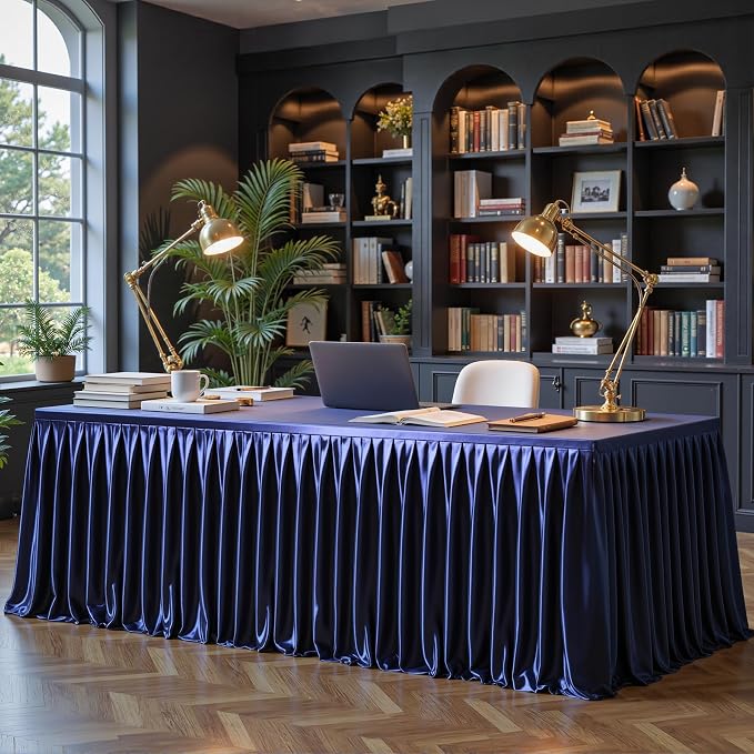 Navy Blue Satin Tablecloths Rectangle 6FT, Glitter Spandex Fitted Stretch Table Covers Wrinkle-Free Floor Length Shimmer Table Skirt for Weddings Parties Baby Shower Banquets Vendor Events