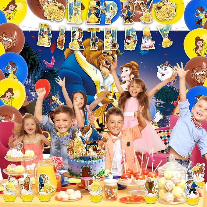 42Pack Beauty and the Beast Party Supplies Kit Set Include Banner ,Cake Topper ,Backdrop ,Balloons for Beauty and the Beast Birthday Party Decorations