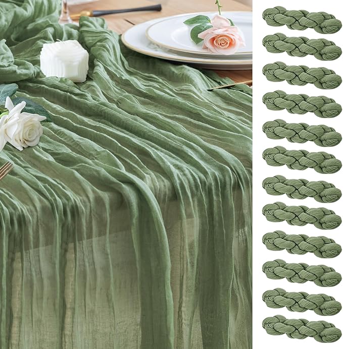 Wokceer Sage Green Cheesecloth Table Runner Spring 12Pack 10FT Gauze Easter Cheese Cloth Table Runner for Party Rustic Sheer Runners Christmas for Baby Bridal Shower Wedding