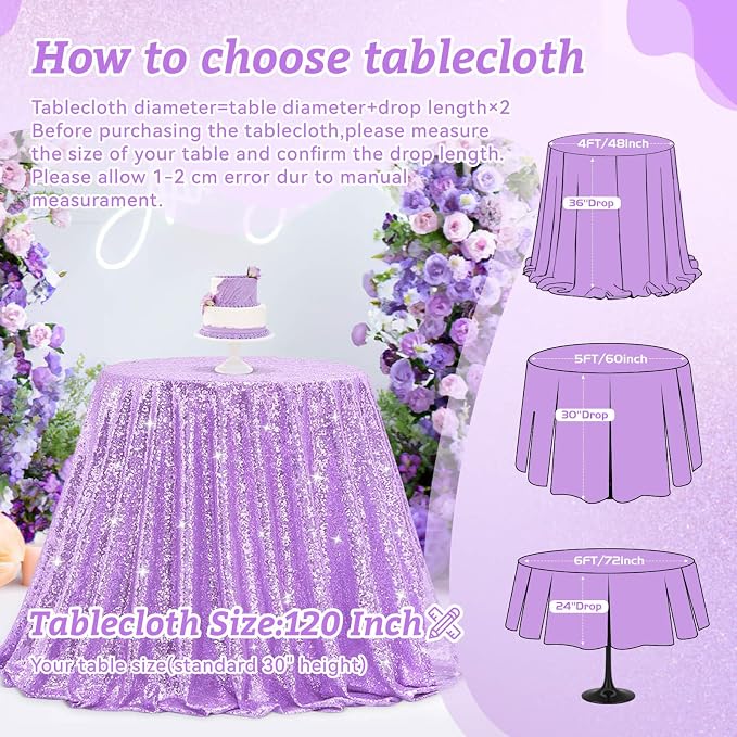 B-COOL Round Sequin Tablecloth Party Decor: 120 Inch Table Cloth Lavender Glitter Fabric Overlay for Indoor Outdoor Dining Parties Home