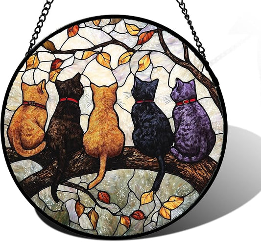 DASTOLL Stained Glass Window Hanging - 5 Cats on a Branch Suncatcher for Window Doors Home Decoration and Christmas, Mother's Day Father's Day Birthday Gifts for Women, Men, and Mom 11.8x11.8 in