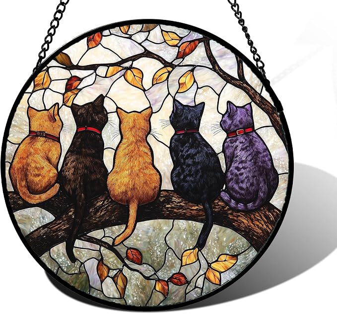 DASTOLL Stained Glass Window Hanging - 5 Cats on a Branch Suncatcher for Window Doors Home Decoration and Christmas, Mother's Day Father's Day Birthday Gifts for Women, Men, and Mom 9.8x9.8 in
