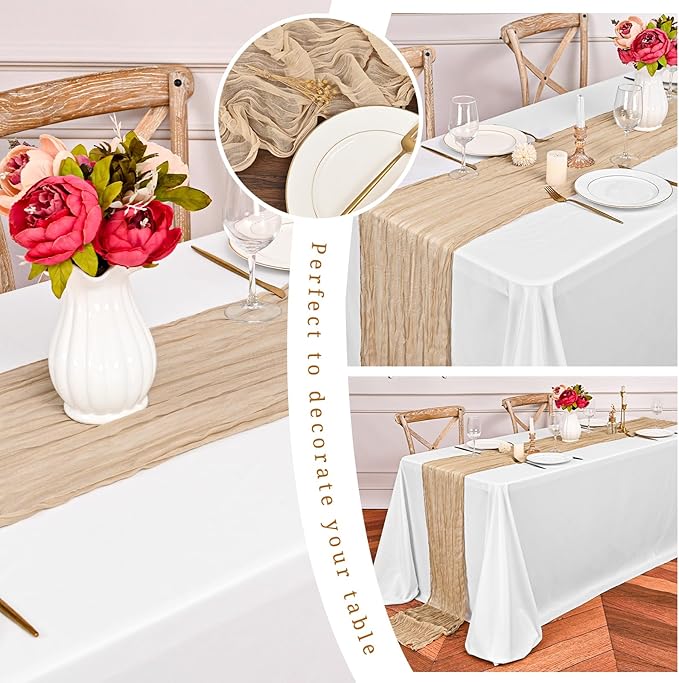 24 Pack Beige Cheesecloth Table Runner,10FT Gauze Boho Long Cheesecloth Table Runners 20x120inch Rustic Cheese Cloth Table Runner for Wedding Party Bridal Shower,Table Decorations