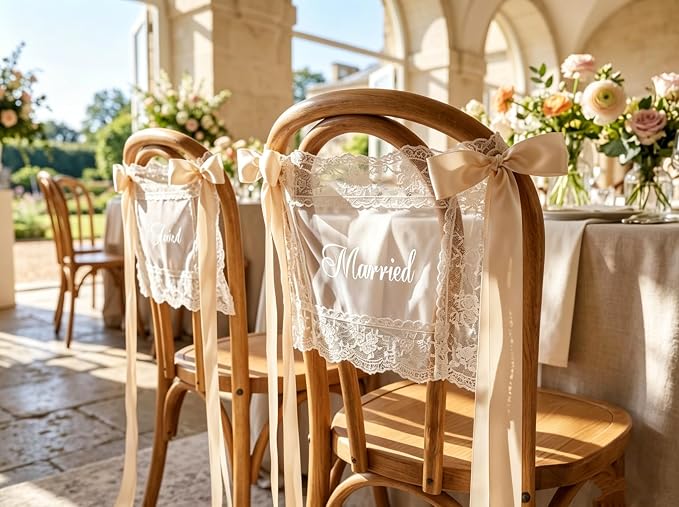 Just Married Wedding Chair Signs for Bride and Groom, Sheer Lace Back Banners with Champagne Ribbon, 2 Piece Set, 17.72 x 13.78 Inch