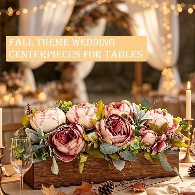Pre-Made Flower Table Centerpieces for Dining Room Wedding Artificial Peony Table Decorations Wood Tray with Fake Flowers for Living Room Party Bar Kitchen Table(Vintage Pink)