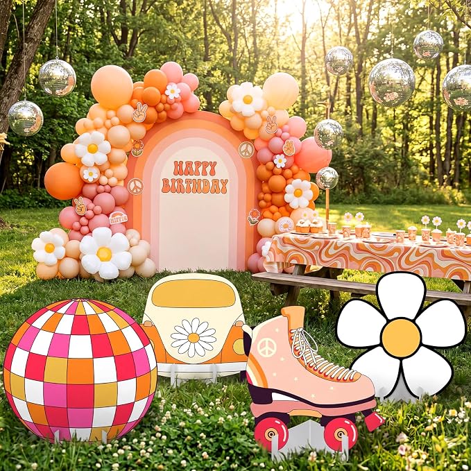 Honoson 4 Pcs 20" x 30" Large Groovy Cardboard Cutouts, Retro Hippie Photo Booth Props Birthday Party Decorations Yard Signs Bus Daisy Backdrop Lawn Decor for 60s 70s Party Supplies