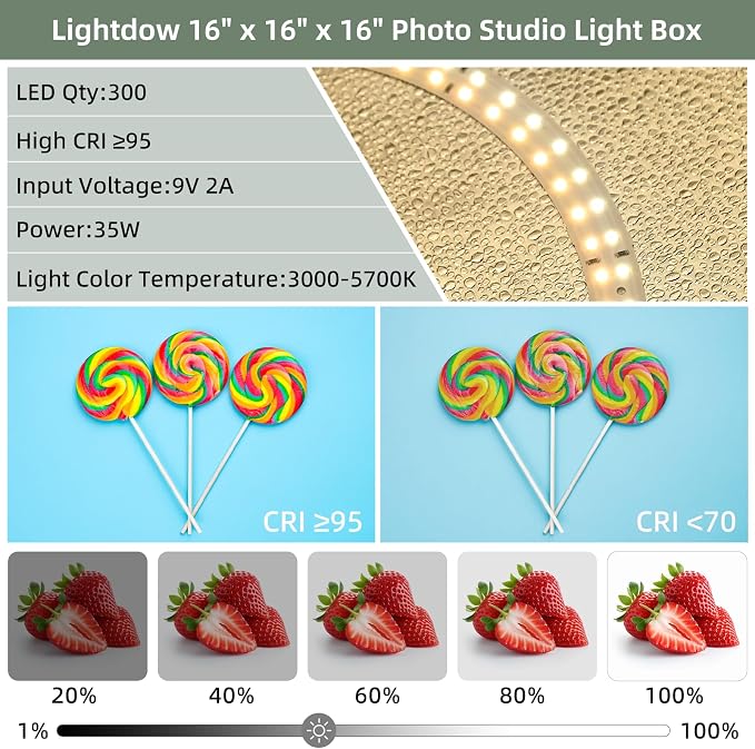 Lightdow 20"x20"x20" Photo Studio Light Box Photography with 300 LEDs(CRI>95) & Type-C Plug(35W)+Cable,6 Backdrops-Portable/Dimmable Folding Shooting Tents for Toys/Jewelry/Bonsai/Bags/Suitcases