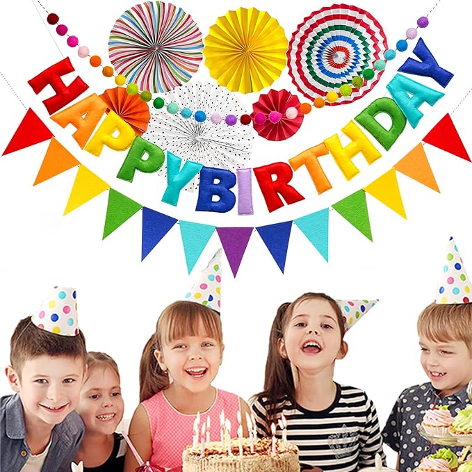 3 Pcs Pre-Strung Happy Birthday Banner, Felt Ball Garland, Pennant Triangle Flags, Rainbow Party Decorations, HAPPY BIRTHDAY Garland, Personalized Holiday Sign for Birthday Decor, Party Supplies, Photo Prop ( Felt Banner + Pennant Flags + Rainbow Balls)