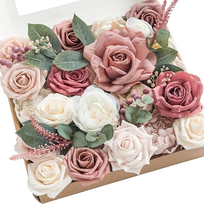 Ling's moment Fake Flowers Box, Faux Artificial Greenery Stems Foam Roses Berry Silk Peonies Eucalyptus Fabic Flower for Centerpieces Bouquet Wedding Floral Vase, Cinnamon Rose & Ivory, Grand Combo
