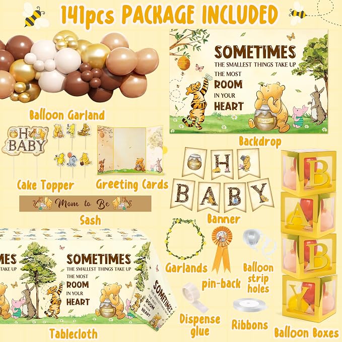 Winnie Baby Shower Decorations for Baby - Vintage Winnie Party Supplies Decorations Kit Includes Bear Backdrop Cake Topper Bear Tablecloth Balloon Arch Box Decoration for Girls Boys Baby Shower