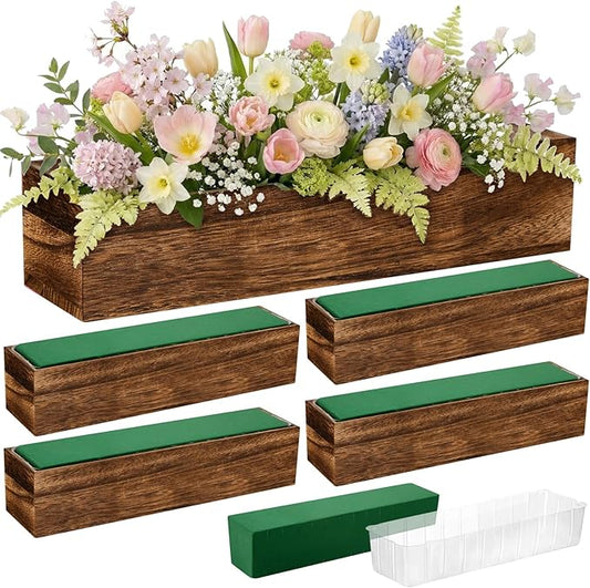 Dandat 5 Set Wood Boxes for Centerpieces 16x4 Inch Rectangle Wooden Planter Box Rustic Wood Planter with Removable Plastic Liner Floral Foam Blocks for Centerpieces Home Wedding Garden Decor