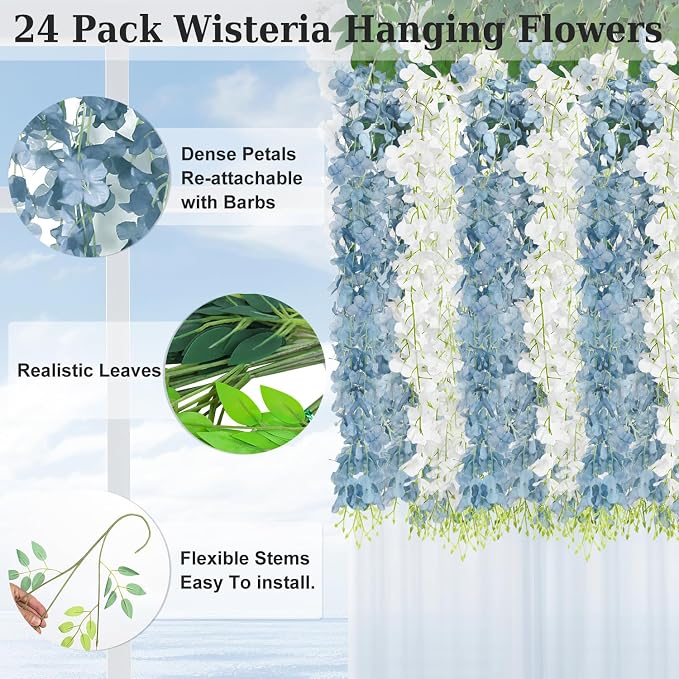 25 Pcs Artificial Wisteria Hanging Flowers 3.6ft Dusty Blue & White Fake Hanging Flowers Garland Silk Flowers Rattan String Faux Wisteria Vine for Wall Home Wedding Party Arch Greenery Backdrop Decor