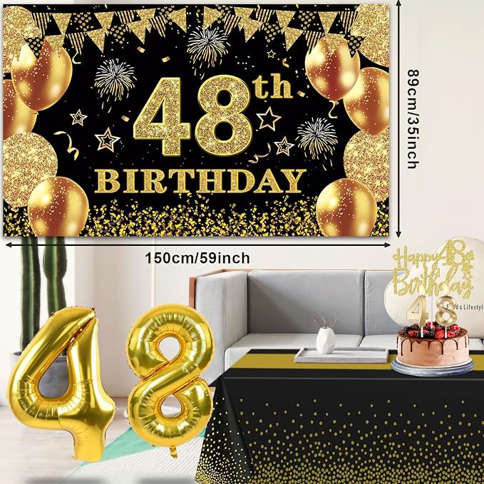 48th Birthday Decorations Men Women with 48th Birthday Banner, Black and Gold Table Cloth, Number Balloons, Large Sash, Cake Topper and Candles