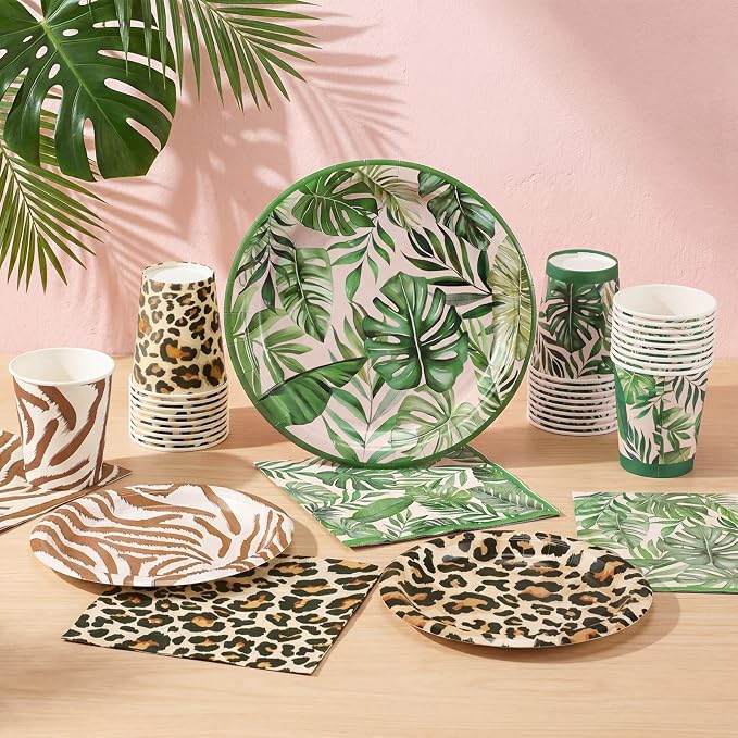 Domensi 220 Pcs Jungle Safari Animal Party Supplies Serves 40 Guest Safari Theme Tableware Set Disposable Wild Animal Print Paper Plate Cup and Napkin for Jungle Baby Shower Birthday Party Decoration