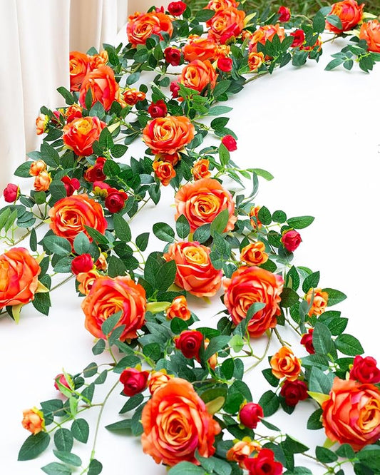 2 PCS 12FT Bendable Flower Garland, Artificial Rose Vine Hanging Floral Garland Decoration for Weding Home Room Wall Decor (Orange, 2pcs)
