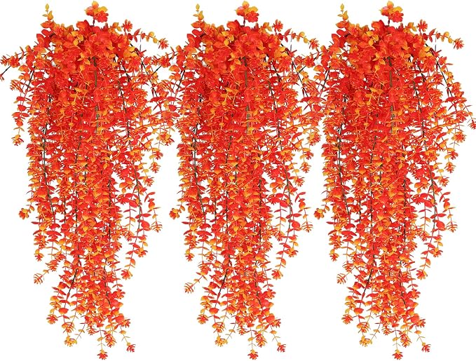 RECUTMS Artificial Hanging Plants Fall Faux Eucalyptus Leaf Fake Hanging Plants Fall Hanging Vines Artificial Flowers Faux Autumn Plants for Thanksgiving Indoor Outdoor House Wedding Party(Gold)
