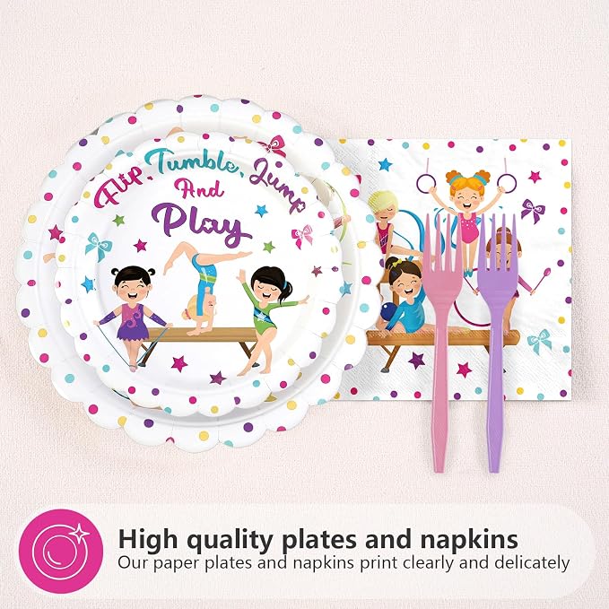 96Pcs Gymnastics Birthday Party Decoration Sports Theme Gymnasts Plates and Napkins Flip Jump Tumble and Play Tableware Set for Girls Gymnastic Birthday Baby Shower Party Supplies Serves 24