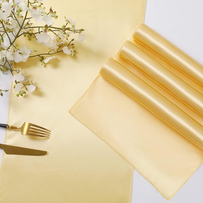 Horbaunal 2 Pack Light Gold Satin Table Runner 12 x 108 Inch, Smooth Table Runners for Wedding Banquets Birthday Party