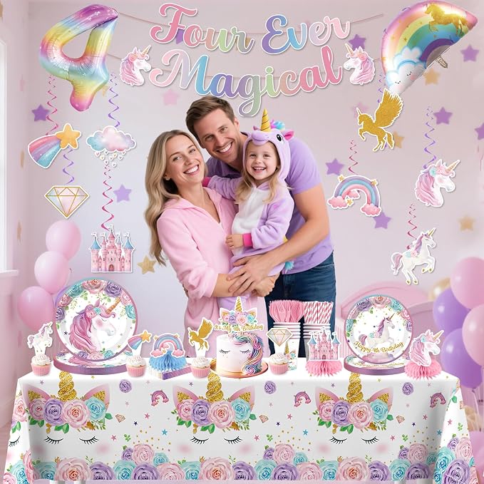 Xynic 190Pcs Unicorn 4th Birthday Decorations, Four Ever Magical Birthday Decorations Tableware Set with Plates and Napkins Serves 25, 2 Tablecloths for Unicorn Decorations