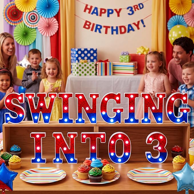 Honoson 13 Pcs Spider Theme 3rd Birthday Decorations Swinging into 3 LED Letter Lights Sign Red Blue Spider Theme Table Lights Decoration for 3 Years Birthday Party Supplies