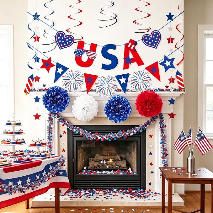 4th/Fourth of July Decorations Set, Patriotic Decorations, Red White and Blue Decors, with Pre-strung Banners for Memorial Day, Independence Day Supplies Party Decor