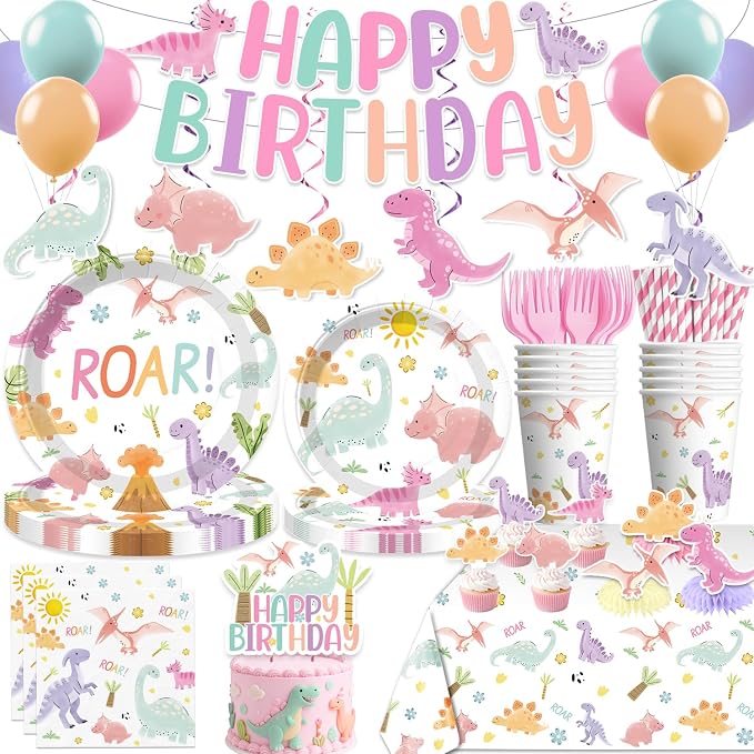 Xynic 201 Pcs Pastel Dinosaur Birthday Decorations Girl, Dinosaur Birthday Banner, Cupcake Toppers, Disposable Table Cloth, Plates and Napkins Pink Watercolor Cute Girls Dino Theme Party Supplies