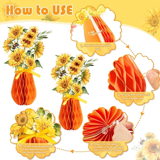 SUNBEAUTY 9 PCS Sunflower Honeycomb Centerpieces Sunflower Party Decorations Yellow Honeycomb Table Centerpiece for Spring Summer Garden Themed Birthday Baby Shower Decor