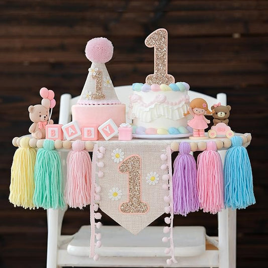 JUIIZAY Baby First Birthday Party Decorations Macaron High Chair Banner Daisy1st Crown Cake Topper 1st Birthday Decoration for Girl