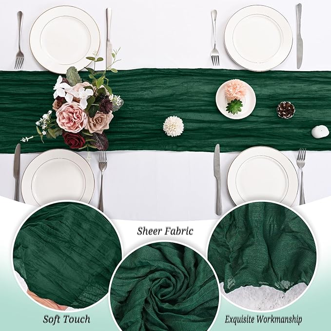 12 Pack Emerald Green Cheesecloth Table Runner 120 inch Fall Thanksgiving Boho Rustic Gauze Farmhouse 10FT Cheese Cloth Runner for Baby Shower Wedding Party Holiday Home Decor
