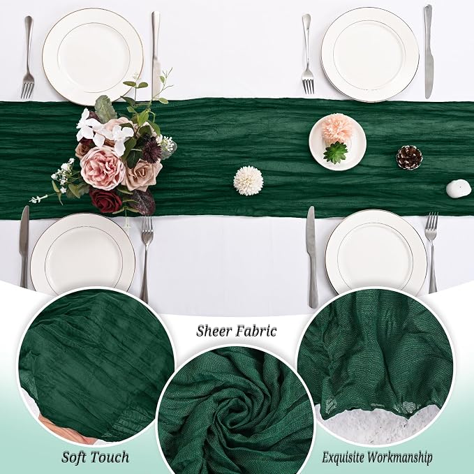12 Pack Emerald Green Cheesecloth Table Runner 120 inch Fall Thanksgiving Boho Rustic Gauze Farmhouse 10FT Cheese Cloth Runner for Baby Shower Wedding Party Holiday Home Decor