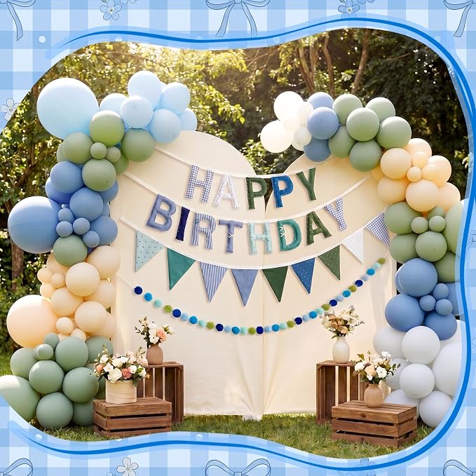 3 Pcs Pre-strung 3D Fabric Happy Birthday Banner Set - Reusable Teal Blue Happy Birthday Garland Pom Pom Banner Triangle Felt Bunting for Women Men Colorful Party Decor Photo Prop(Cute)