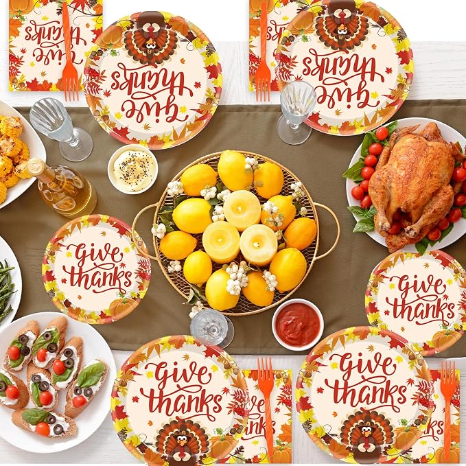 Kepeel 96 Pcs Fall Thanksgiving Party Supplies Give Thanks Party Plates Fall Pumpkin Turkey Autumn Party Plates Napkins Set Disposable Dinnerware Tableware for Thanksgiving Dinner Party, Serves 24