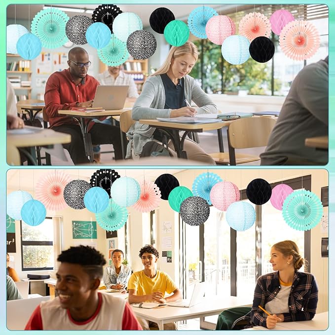 Retisee 18 Pcs Colorful Composition Book Classroom Decoration Kits Black and White Composition Hanging Paper Lanterns Paper Fans Honeycomb Balls Decor for Graduation End of Year School Supplies