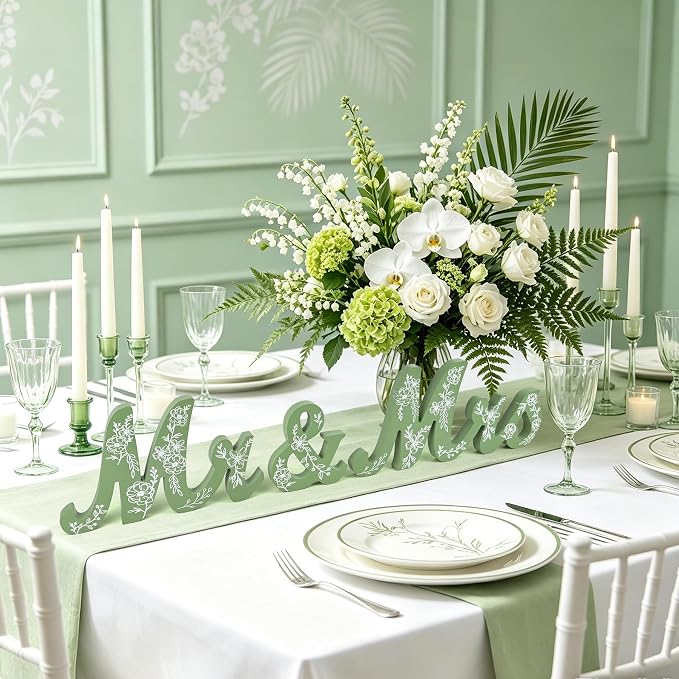 Mr & Mrs Sign for Wedding Table Sage Green Floral Wedding Decorations for Reception Rustic Wooden Freestanding Letters Table Centerpieces Wooden Photo Booth Props for Wedding Bridal Anniversary Supplies