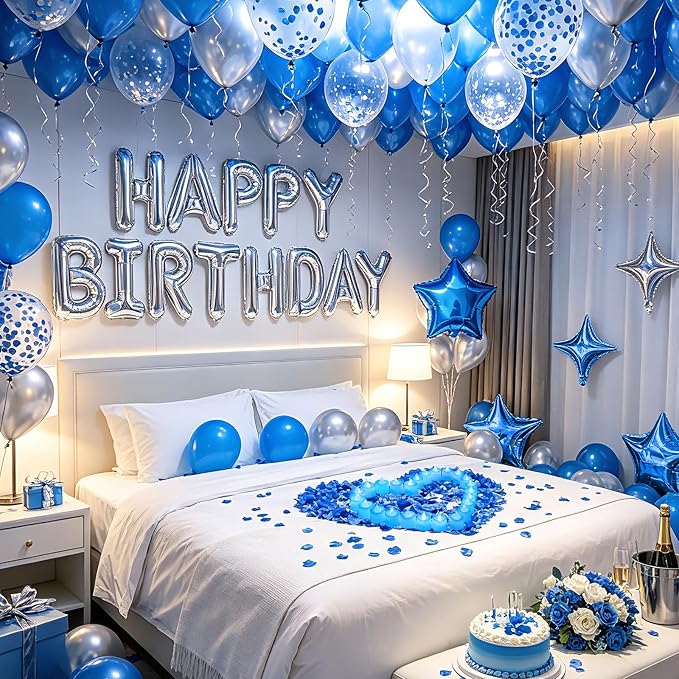 Blue Happy Birthday Balloons Banner Navy Blue Silver Birthday Balloons Letters with 6 Pcs Star Balloons Blue Artificial Rose Petals 24 Flameless LED Candles Set for Hotel Birthday Party Decorations