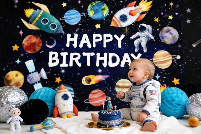 Outer Space Birthday Party Decorations - Huge 7x5FT Galaxy Backdrop, Rocket Astronaut Foil Balloons, Solar System Paper Lanterns & Tablecloth for Boys First Trip Around the Sun Party
