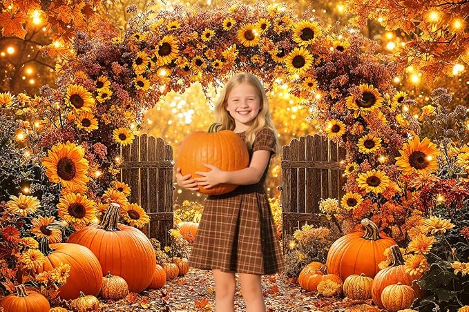 8 x 6 ft Fall Backdrop Autumn Sunflower Arch Forest Leaves Pumpkins Scenery Rustic Trail Harvest Photography Background Fall Farm Thanksgiving Party Supplies Banner Picture Photo Booth