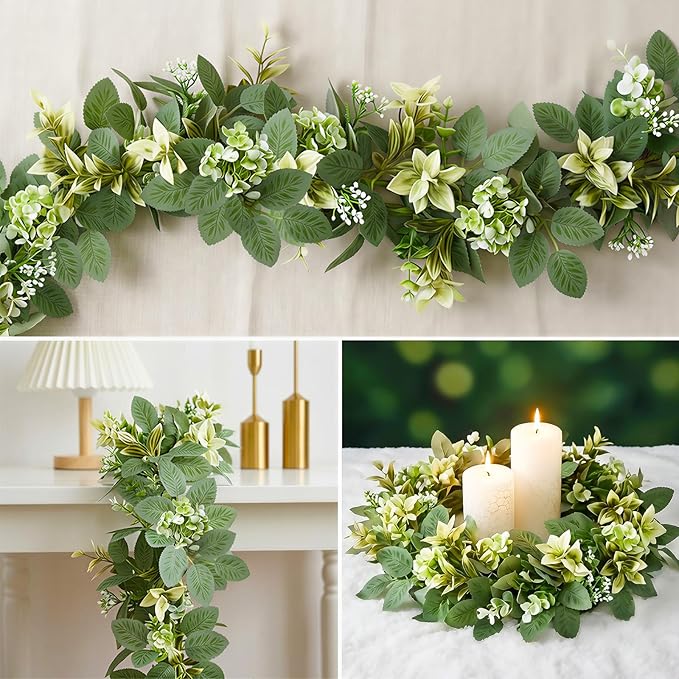 6FT Artificial Eucalyptus Garland with Flowers, Fake Greenery Vines Spring Ivy Leaves for Wedding Backdrop Arch, Table Centerpieces, Party, Home Room Party Indoor Outdoor Spring Decor
