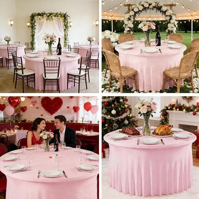 10 Pack Pink Spandex Round Tablecloths for 60inch Tables, 120 Inch Stretchy 5ft Round Fitted Tablecloth Wrinkle Free Washable Table Cloths Table Covers with Skirt for Wedding Party Birthday Banquet