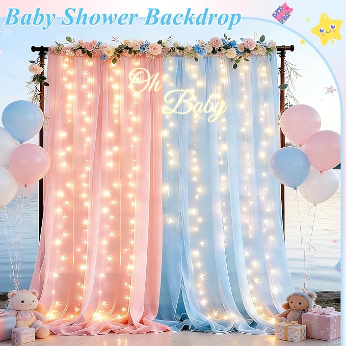 Ledido 10×8ft Pink Blue Tulle Backdrop Curtains with Lights String - 300LED Fairy Lights Sheer Curtain Backdrop for Gender Reveal Baby Shower Photo Shoot Birthday Party Decoration(2 Panels 5×8ft)